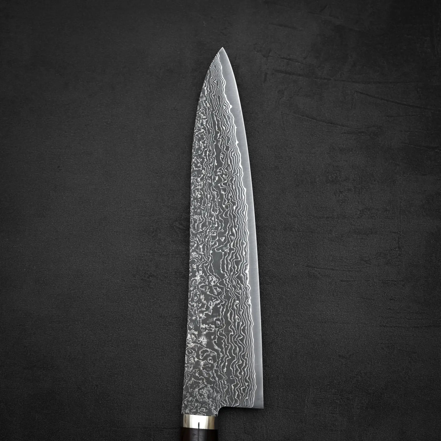 Close up view of the front side of 240mm Shigeki Tanaka R2 damascus ironwood gyuto knife in vertical position