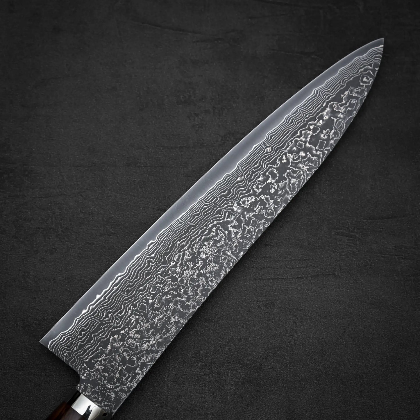 Close up view of the back side of 240mm Shigeki Tanaka R2 damascus ironwood gyuto knife