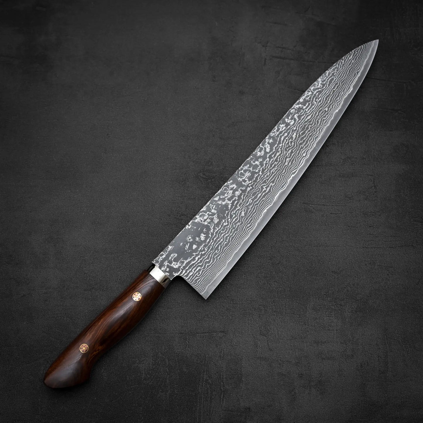 Top down view of 270mm Shigeki Tanaka R2 damascus ironwood gyuto knife