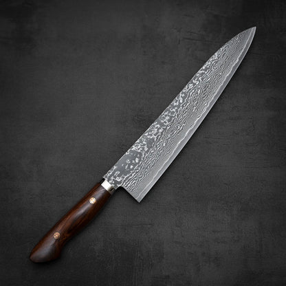 Top down view of 270mm Shigeki Tanaka R2 damascus ironwood gyuto knife