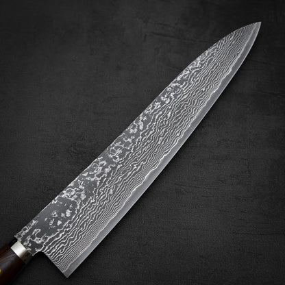 Close up view of the front side of 270mm Shigeki Tanaka R2 damascus ironwood gyuto knife