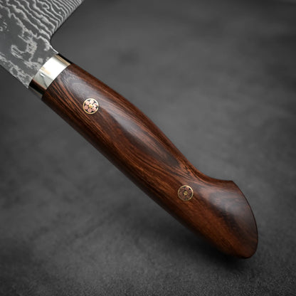 Close up view of the handle of 270mm Shigeki Tanaka R2 damascus ironwood gyuto knife