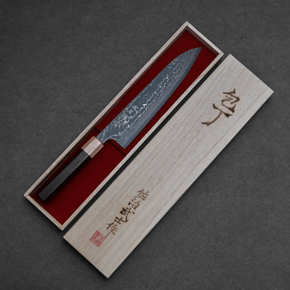 210mm Takeshi Saji knife VG10 Gold damascus gyuto showing entire blade length with kiri box