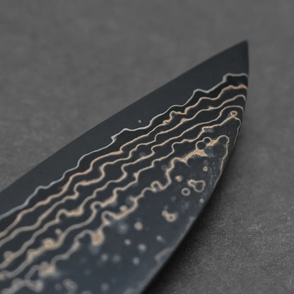 Close-up shot of the tip area of 210mm Takeshi Saji knife VG10 Gold damascus gyuto left side view