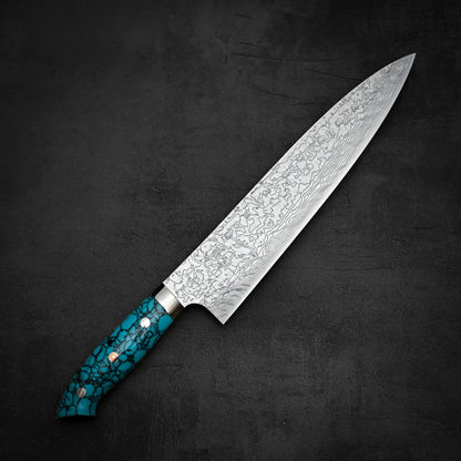 Top down view of Takeshi Saji R2 diamond damascus gyuto knife