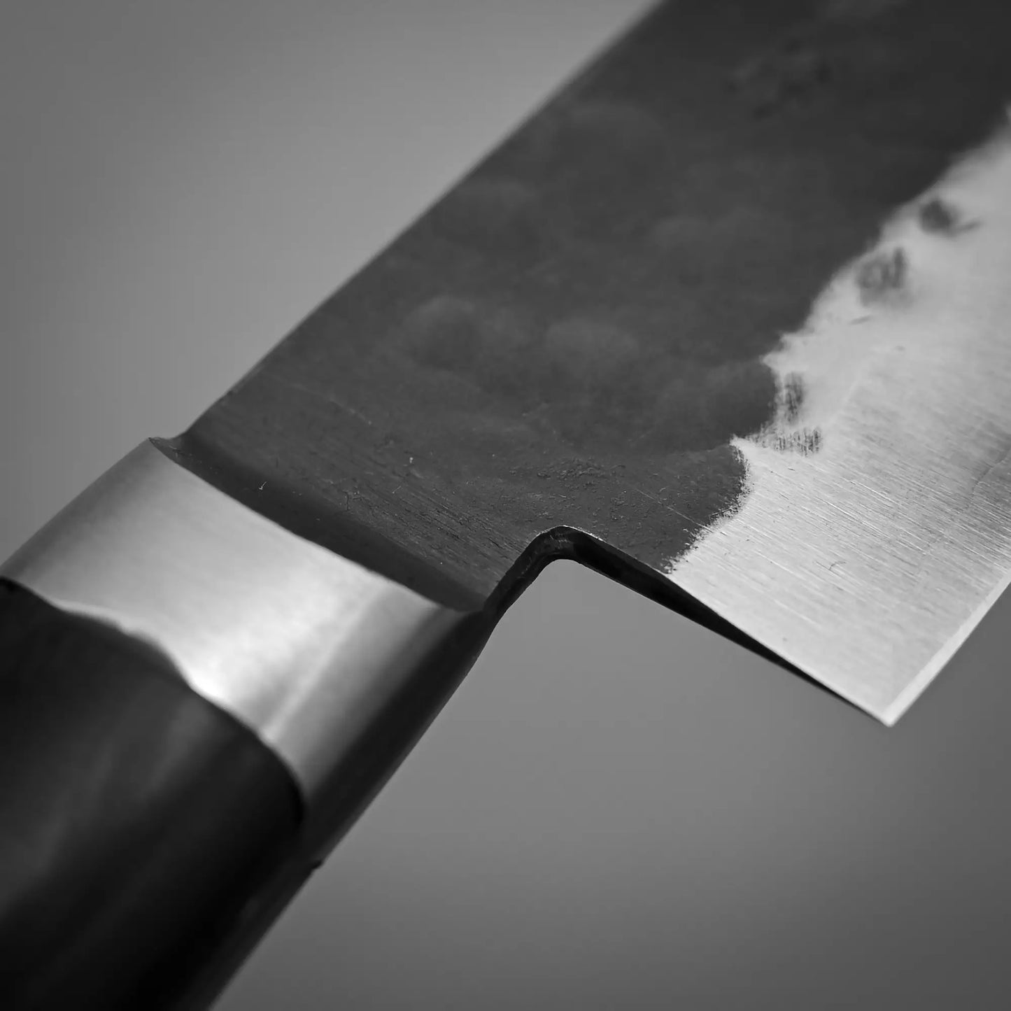 Close-up view of the choil of 240mm Teruyasu Fujiwara Denka sujihiki knife