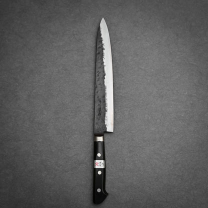 240mm Teruyasu Fujiwara Denka sujihiki knife showing complete blade profile