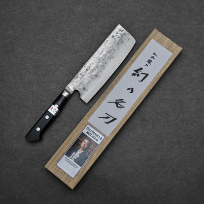 165mm Teruyasu Fujiwara knife Maboroshi shirogami#1 nakiri demonstrating full blade shape with box