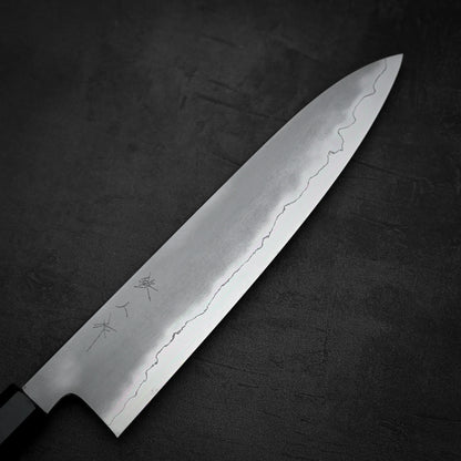 Close up view of Tetsujin kasumi ginsan gyuto knife showing the front blade