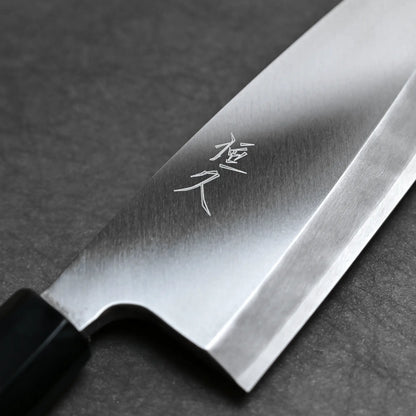 Close-up shot of the branding on Tsunehisa knife ginsan 180mm deba