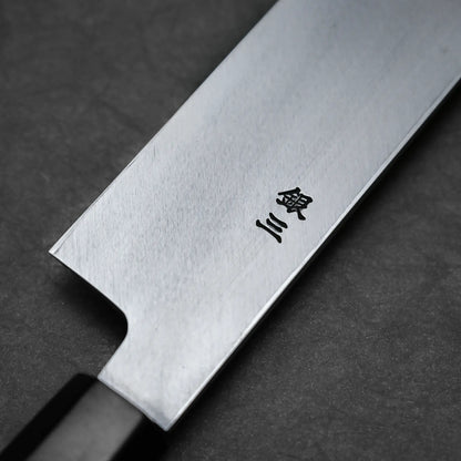 Close-up shot of the ginsan kanji Tsunehisa knife ginsan 300mm kiritsuke yanagiba back side view