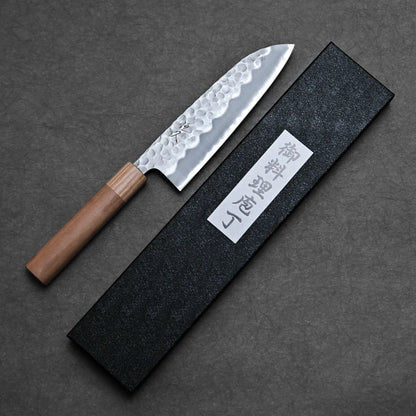 170mm Tsunehisa knife tsuchime shirogami#2 santoku showing blade from tip to handle with its box