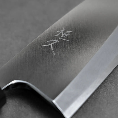 Close-up shot of the maker's mark on Tsunehisa knife ginsan 165mm deba