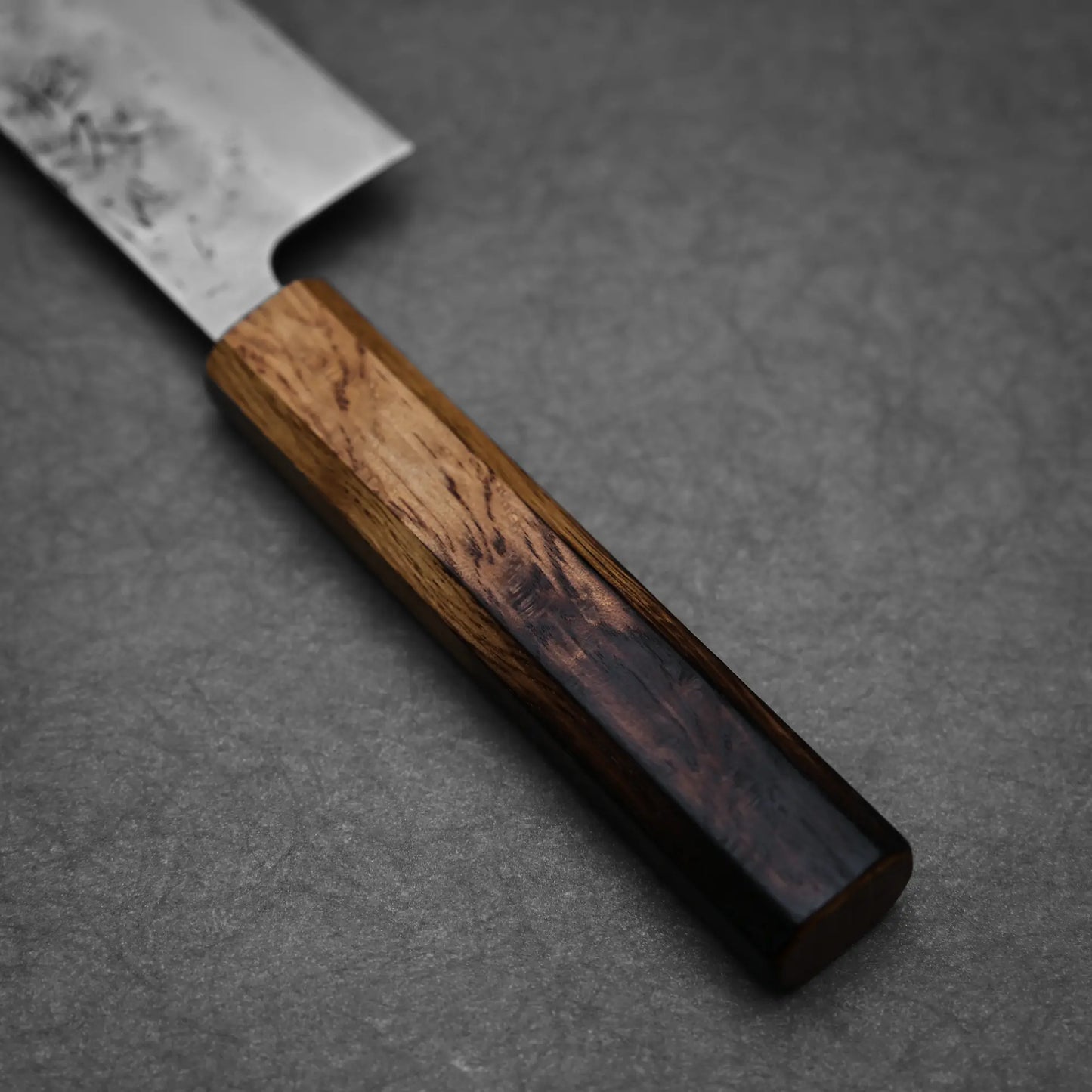 Close-up shot of the handle of 210mm Tsunehisa knife nashiji SLD kiritsuke gyuto