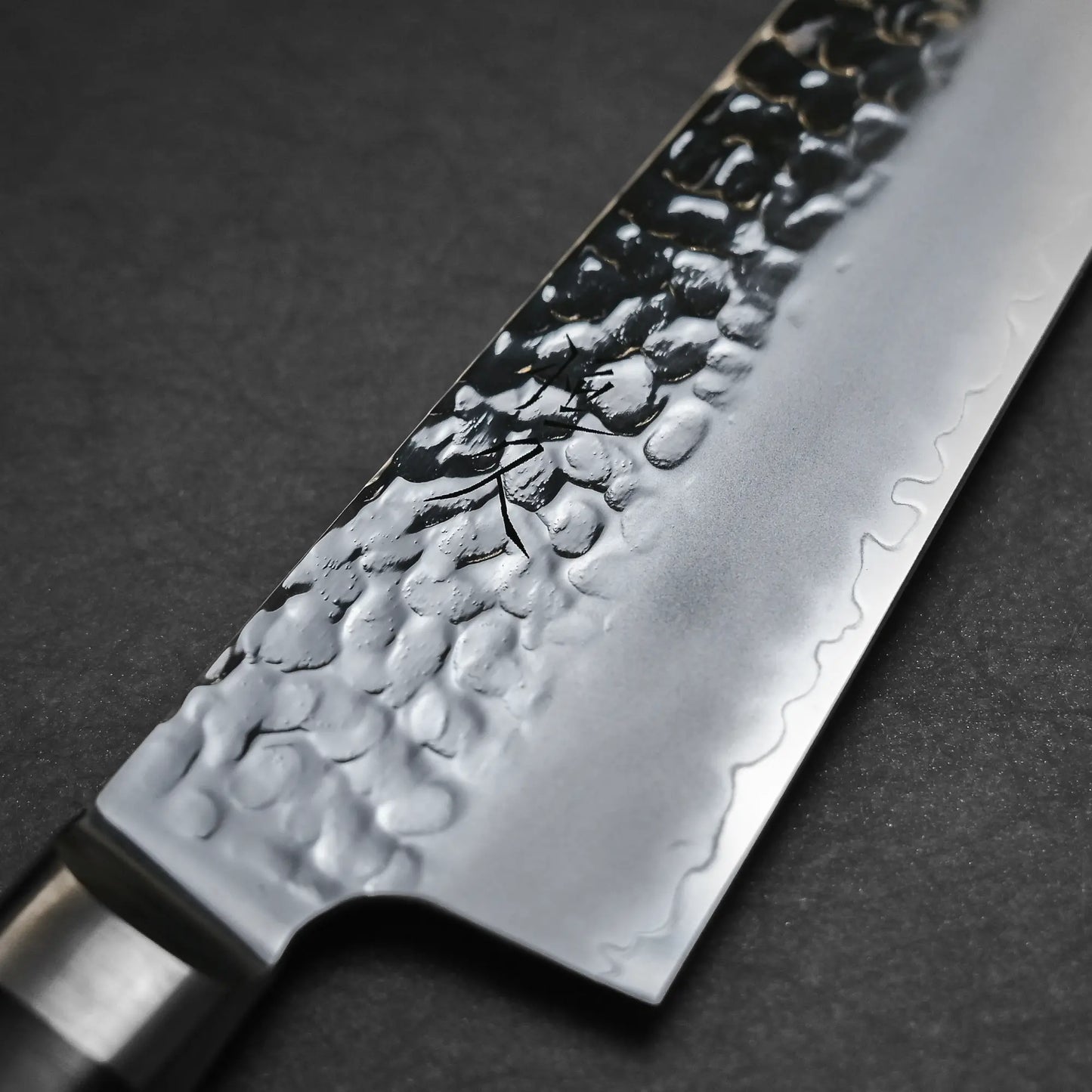 Close-up shot of the right side of 195mm Tsunehisa knife tsuchime AUS10 kiritsuke santoku