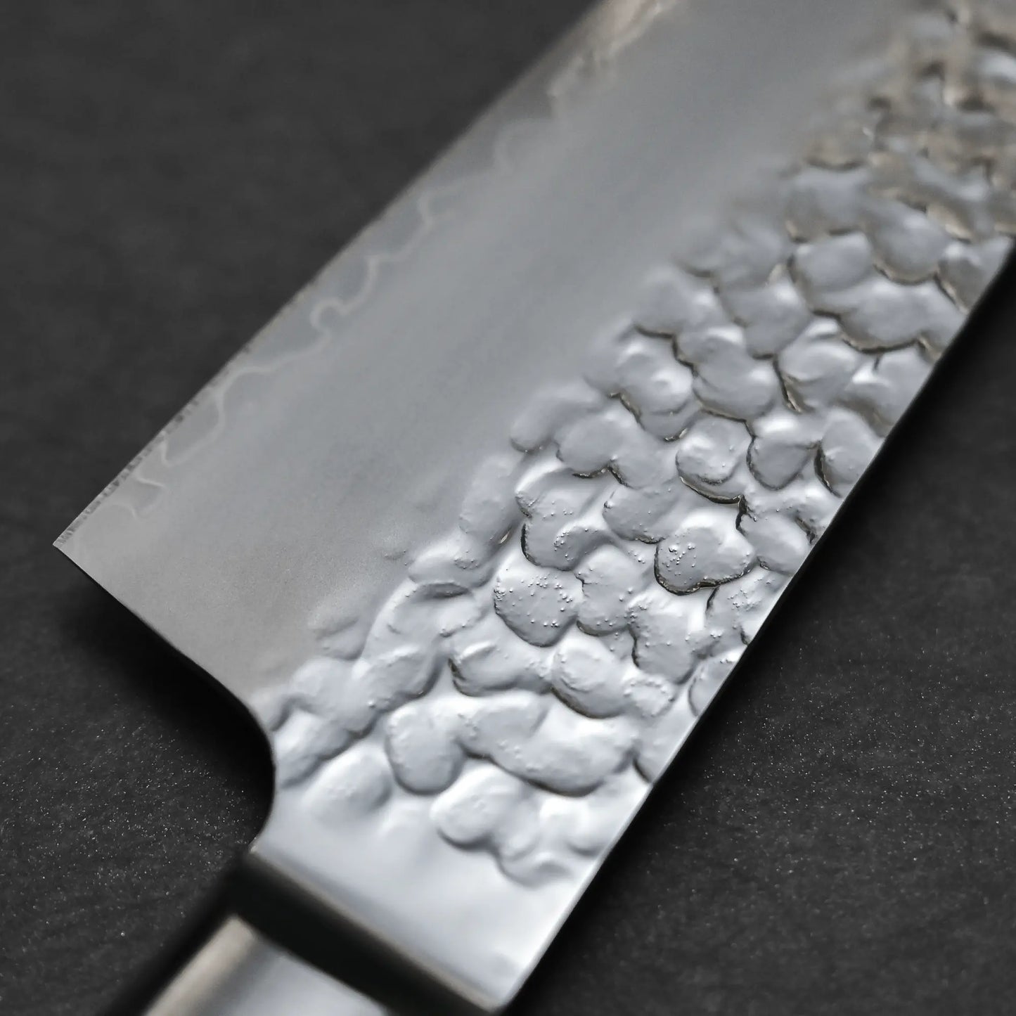 Close-up shot of the left side view of 195mm Tsunehisa knife tsuchime AUS10 kiritsuke santoku