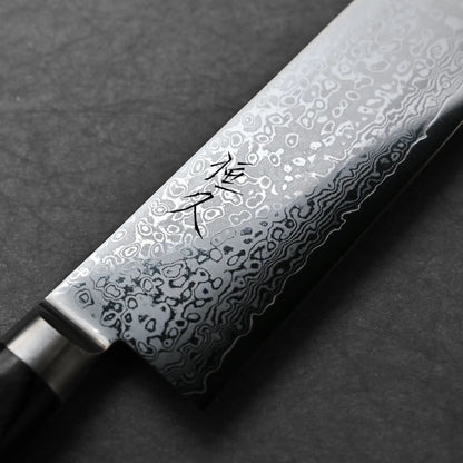 Close-up shot of the maker's mark on Tsunehisa knife damascus VG10 210mm kiritsuke gyuto