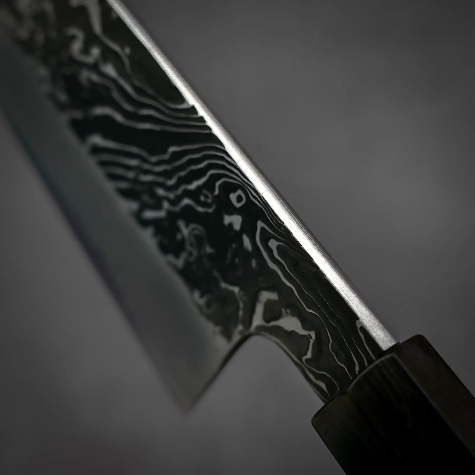 Macro shot of the spine of Yoshihide Masuda shirogami#2 kurouchi damascus tall gyuto knife