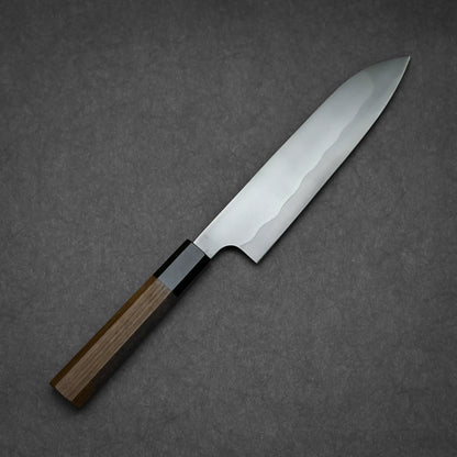 180mm Yoshihiko Akitomo knife aogami#2 honyaki santoku showing complete blade profile