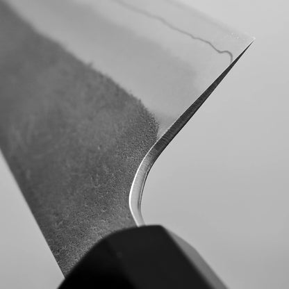 Close-up view of the choil of 240mm Hatsukokoro x Yoshikane nashiji SKD gyuto knife