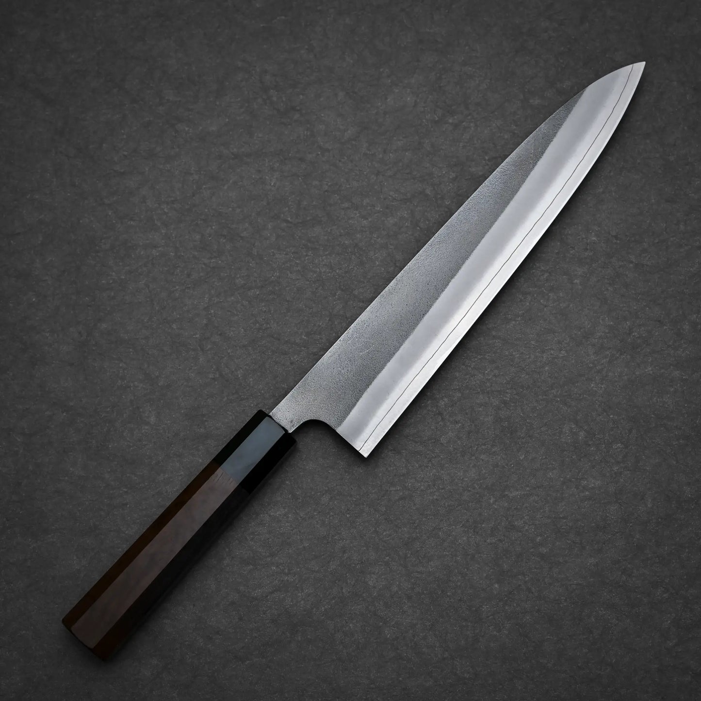 240mm Hatsukokoro x Yoshikane nashiji SKD gyuto knife showing full profile view