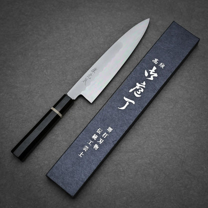 210mm Yoshikazu Ikeda shirogami#3 honyaki gyuto knife showing full profile view with original box