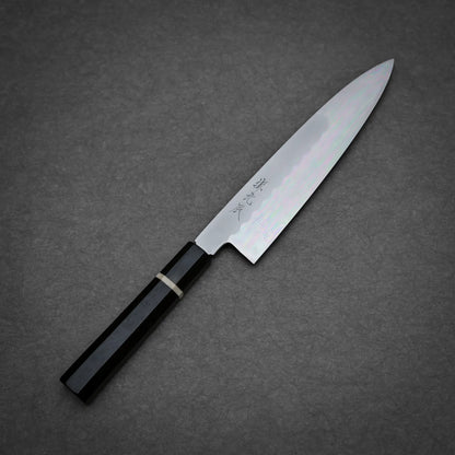 210mm Yoshikazu Ikeda shirogami#3 honyaki gyuto knife showing full profile view