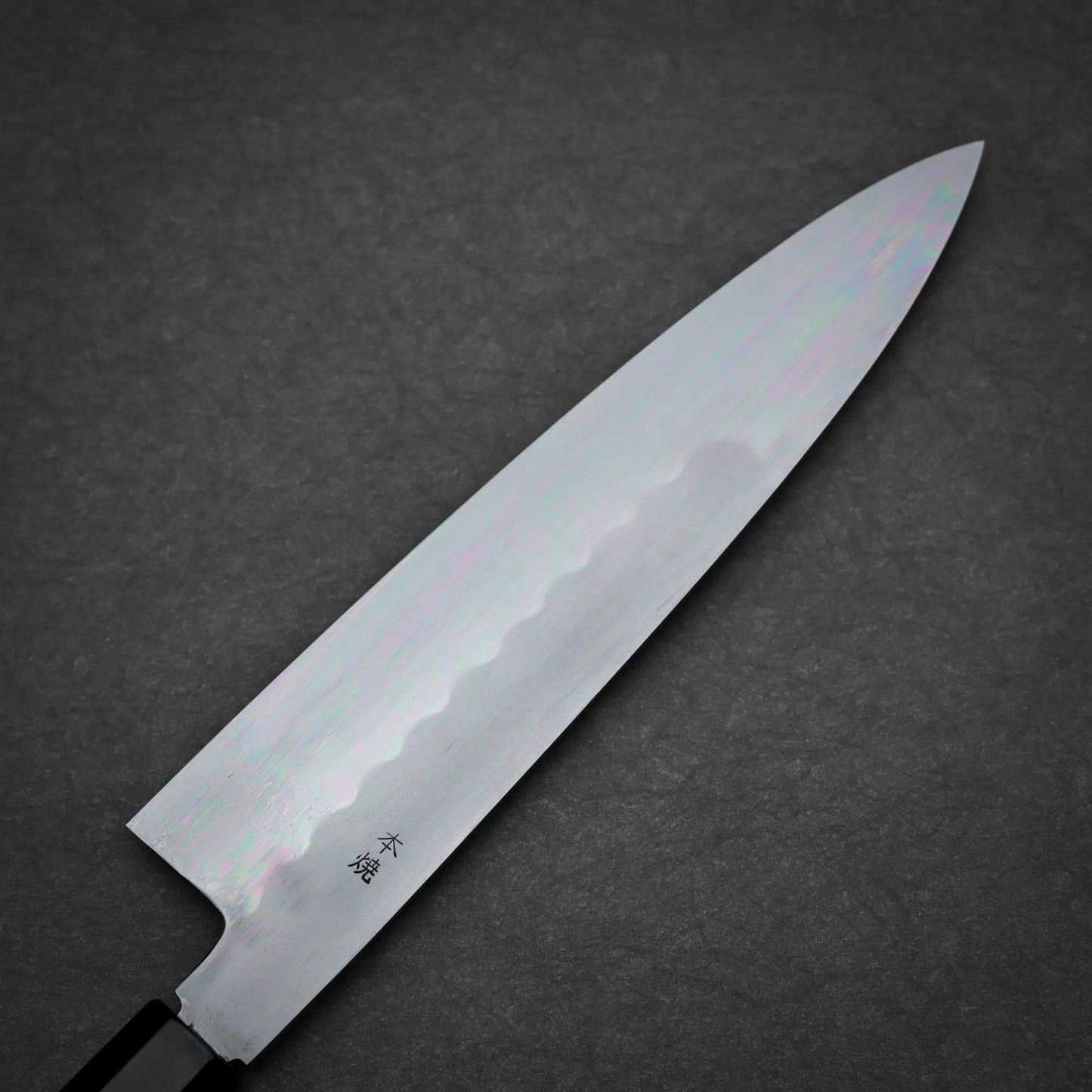 210mm Yoshikazu Ikeda shirogami#3 honyaki gyuto knife left side view