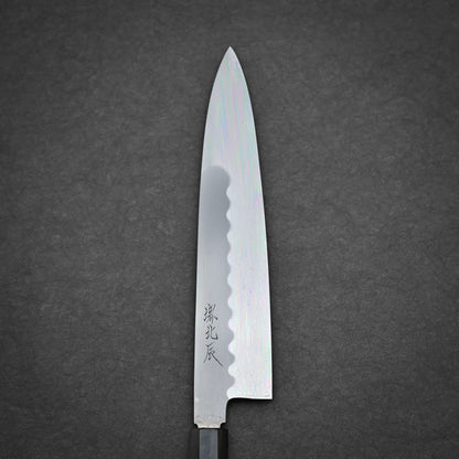 240mm Yoshikazu Ikeda shirogami#3 honyaki gyuto knife right side view showing kanji and mirror finish 