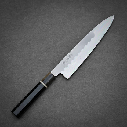 240mm Yoshikazu Ikeda shirogami#3 honyaki gyuto knife showing full profile view