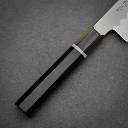 Close-up view of the handle of 240mm Yoshikazu Ikeda shirogami#3 honyaki gyuto knife