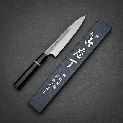 150mm Yoshikazu Ikeda shirogami#3 petty knife showing full profile view with original box