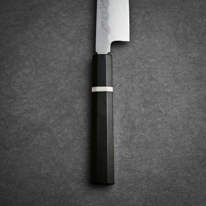 Close-up view of the handle of 150mm Yoshikazu Ikeda shirogami#3 petty knife