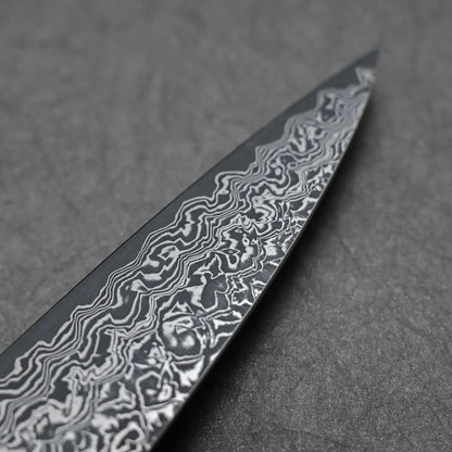 Close-up shot of the tip area of 270mm Yoshimi Kato knife damascus VG10 sujihiki left side view