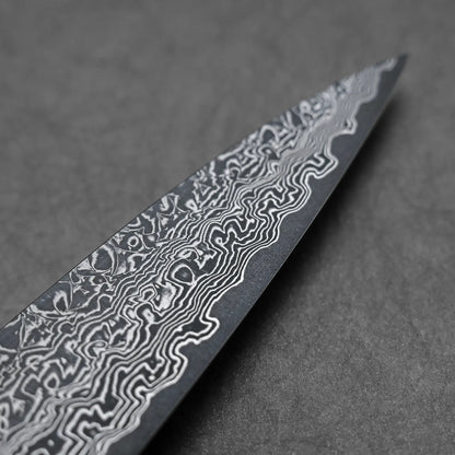 Close-up shot of the tip area of 270mm Yoshimi Kato knife damascus VG10 sujihiki right side view