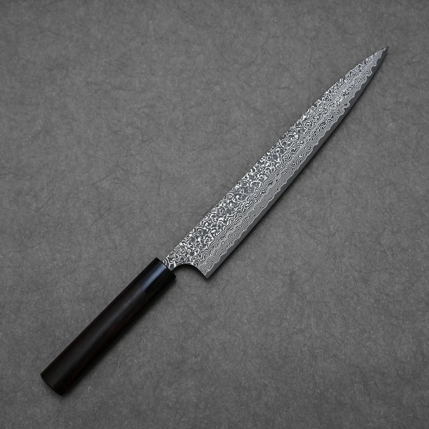 270mm Yoshimi Kato knife damascus VG10 sujihiki showing full blade profile