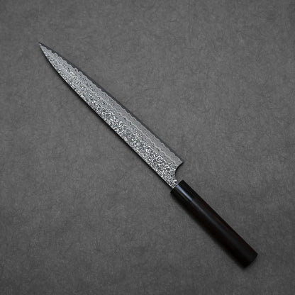 270mm Yoshimi Kato knife damascus VG10 sujihiki showing entire blade length