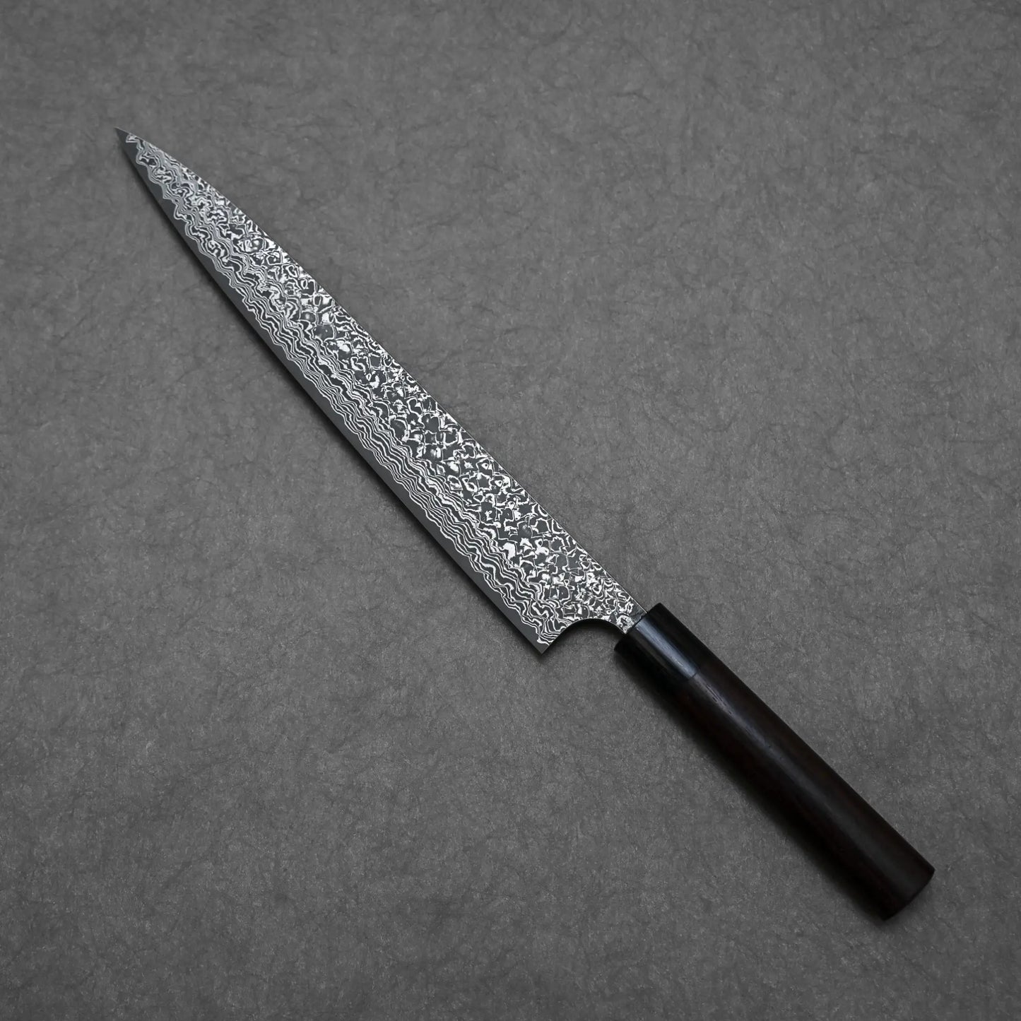 270mm Yoshimi Kato knife damascus VG10 sujihiki presenting full blade outline