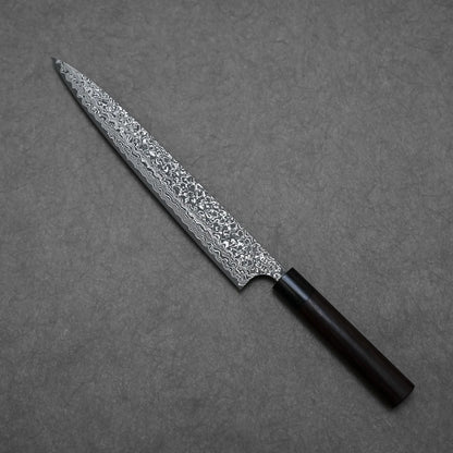 270mm Yoshimi Kato knife damascus VG10 sujihiki presenting full blade outline