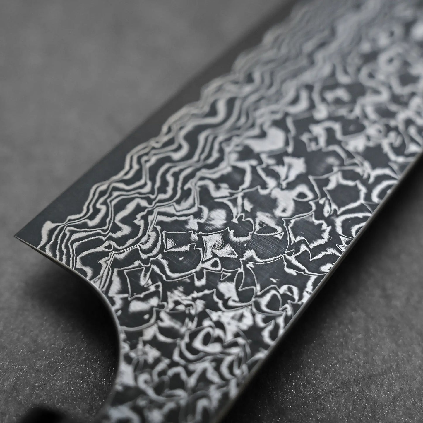 Close-up shot of 270mm Yoshimi Kato knife damascus VG10 sujihiki left side view