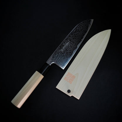 Yoshihiro AUS10 damascus nami 165mm santoku (with saya) - Zahocho Japanese Knives