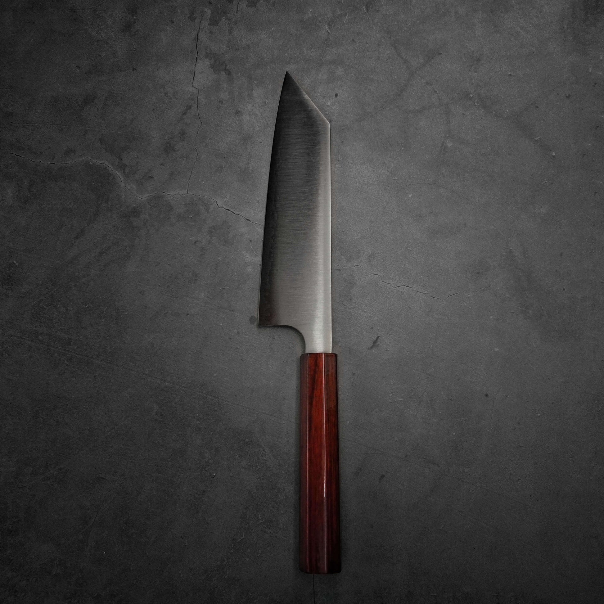 Top view of Kei Kobayashi SG2 bunka. Image shows left side of the knife in vertical position
