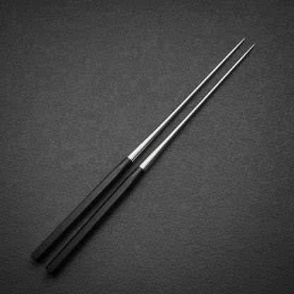 Top view of 180mm moribashi plating chop sticks with hexagonal handle in diagonal position. Tip is facing upper right