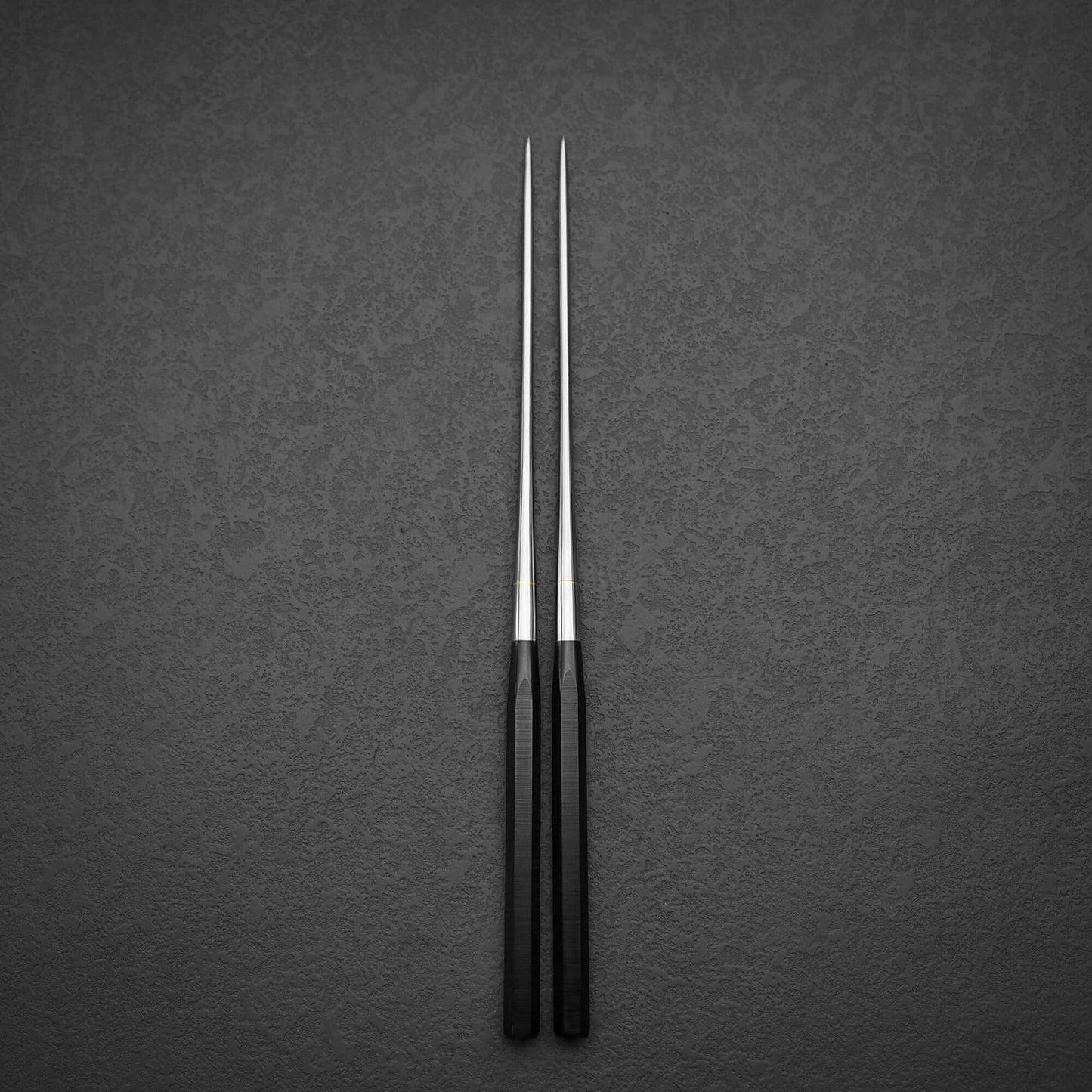 Top view of 180mm moribashi plating chop sticks with hexagonal handle in vertical position