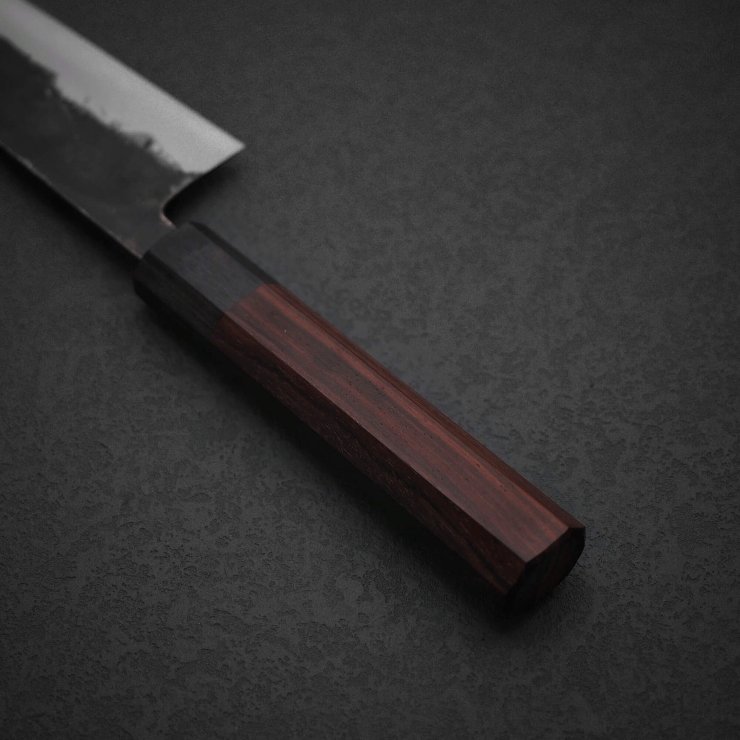 Close up view of the handle of Murata Buho kurouchi aogami#1 funayuki knife