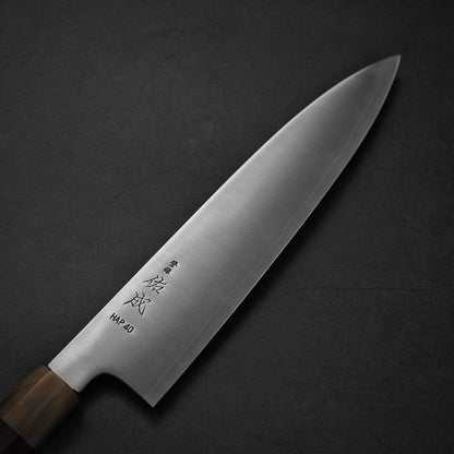 Top view of Sukenari HAP40 240mm gyuto. Image shows the right side of the blade where the point faces upper right