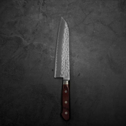 Top view of Tsunehisa tsuchime aogami super santoku 180mm. Image shows the back side of the knife