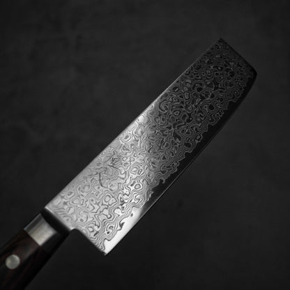 Top view of the blade of Tsunehisa ZA18 damascus nakiri knife. Image shows the right side of the blade.