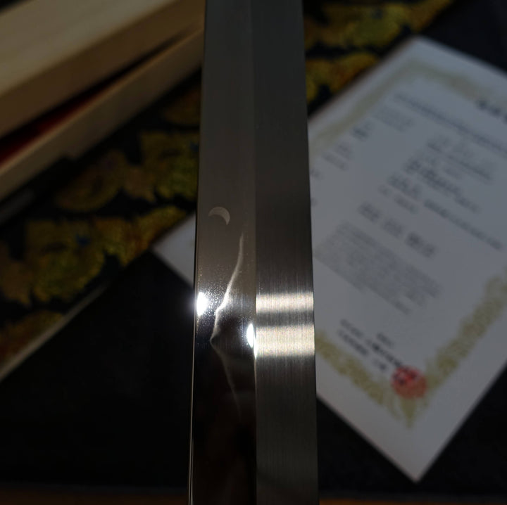 Genkai Masakuni (Mt. Fuji with crescent moon) shirogami #1 330mm honyaki yanagiba - Zahocho Japanese Knives